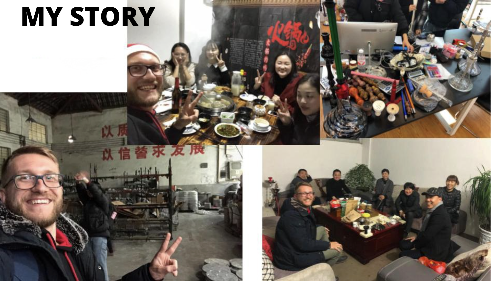 Collage aus China-Reisen: Fabriken, Lieferanten-Meetings und Abendessen mit Partnern
